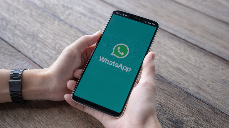 holding phone with WhatsApp icon