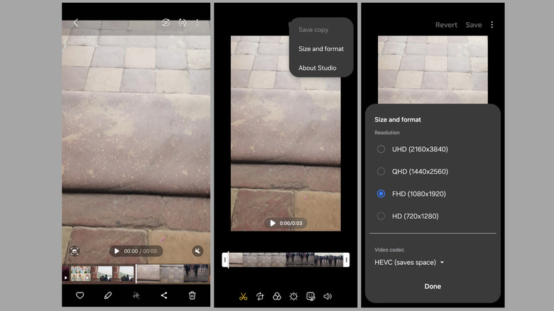 Video size and format options in Samsung phone video editor