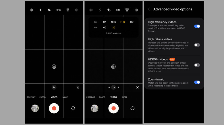 Camera app video resolution settings on  Android phone