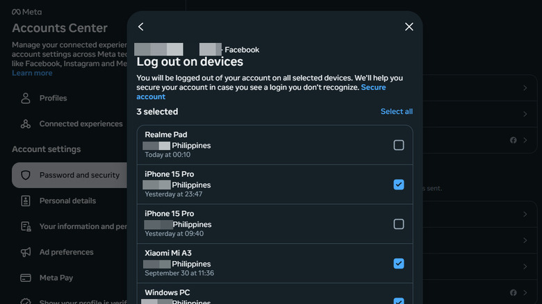 Removing Facebook accounts from multiple devices on browser