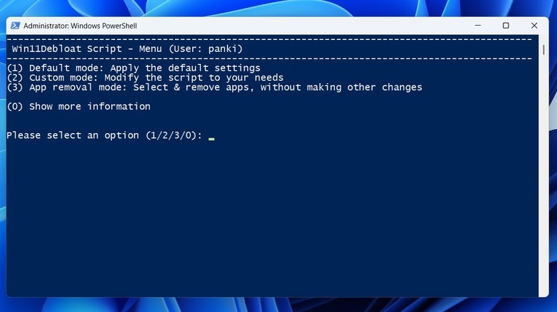 Win11Debloat script in Windows PowerShell window