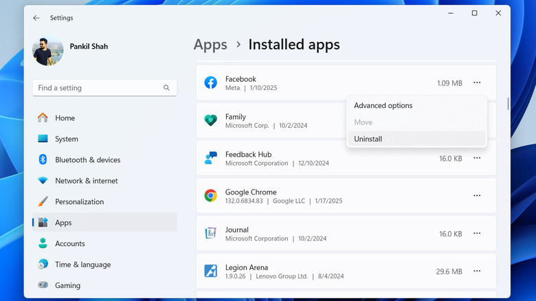 Windows 11 Settings app showing Uninstall option for Facebook app