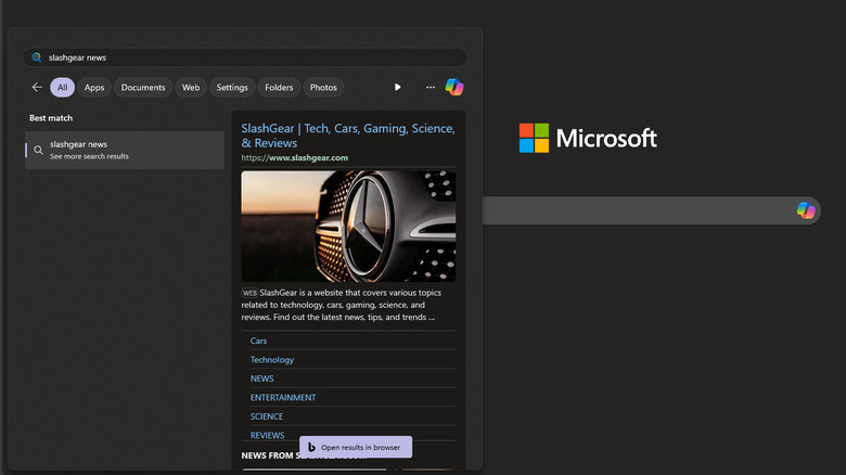 bing search results start menu