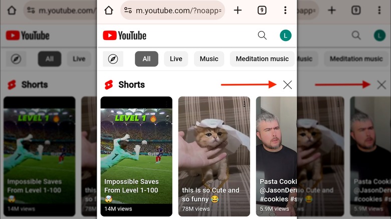 X button YouTube Shorts browser