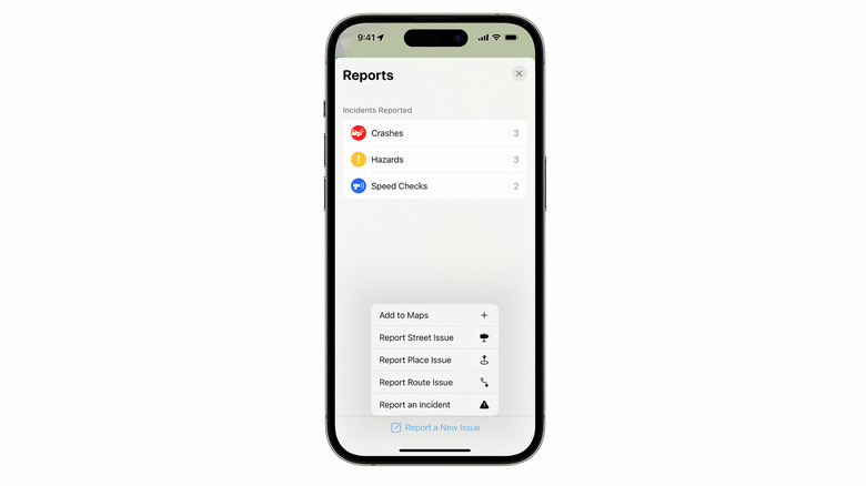 iPhone Apple Maps reports menu