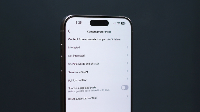 Content preferences options for Instagram on an iPhone