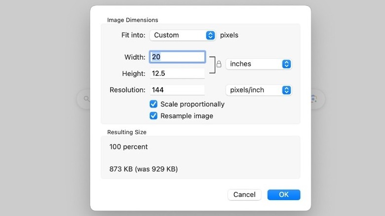 Image dimensions box on Mac