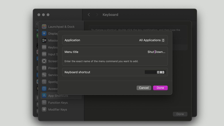 Creating custom keyboard shortcut in Settings for Shut Down