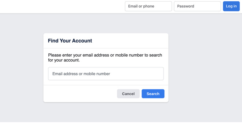 Facebook find your account page