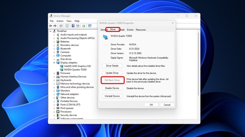 image of device manager Roll Back Driver option greyed out