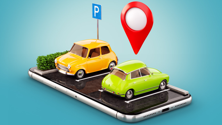 3d illustration of smartphone and car parking with red location icon on top