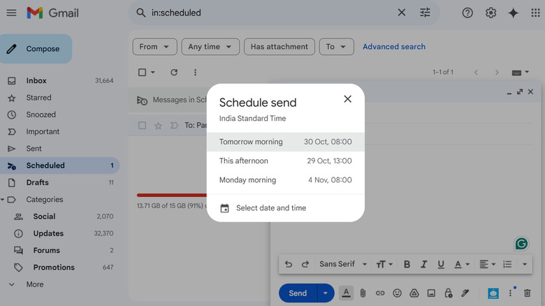 Schedule send dialog in Gmail for web