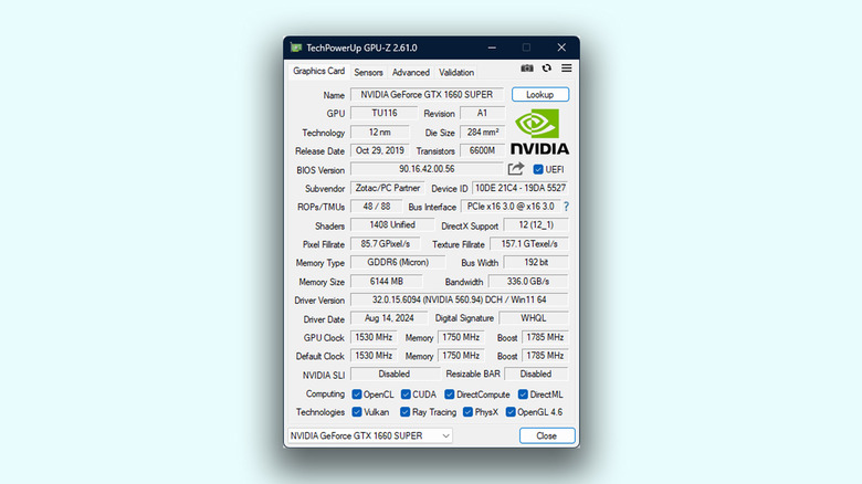 Graphics card specifications in the GPU-Z app