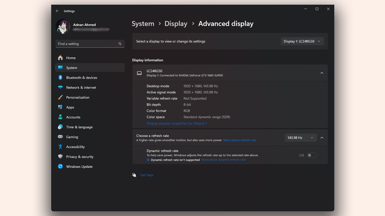 Advanced display options in Windows displaying the GPU name