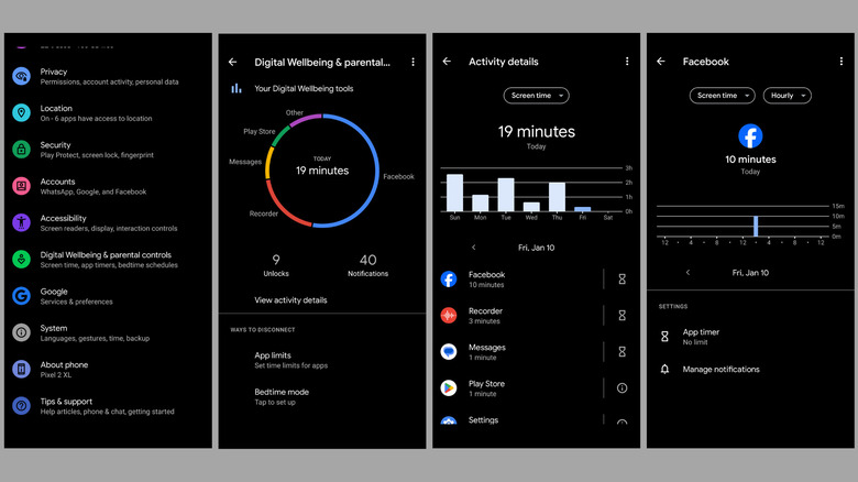 Digital wellbeing menu on Android showing app usage