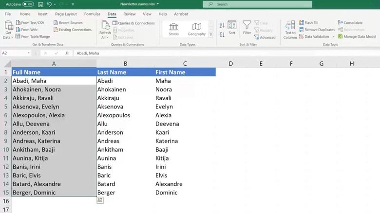 Separate names Microsoft Excel