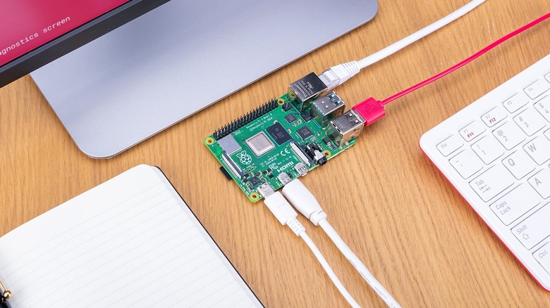 Raspberry Pi connected to a keyboard and monitor on a desk