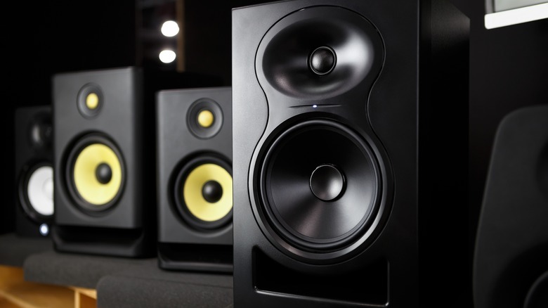 speakers on a desk