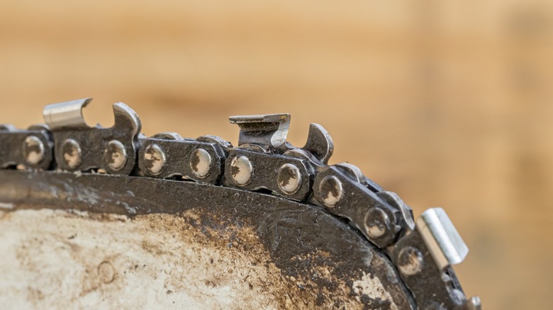 Closeup of dirty chainsaw blade