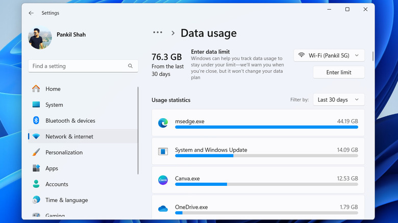 Data usage menu in Windows 11 Settings app