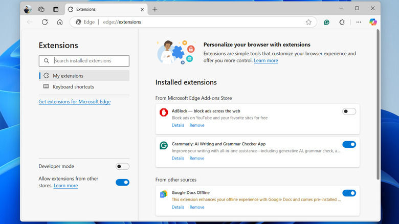 Extensions tab in Edge browser