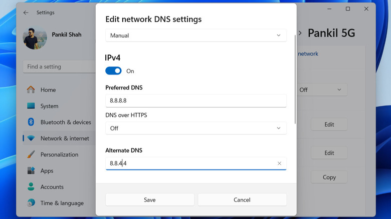 Windows 11 settings app showing DNS settings