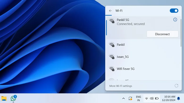 Quick settings menu showing Wi-Fi networks in‍ Windows 11