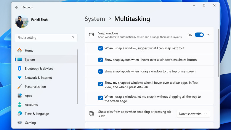 Multitasking menu in Windows 11 Settings app