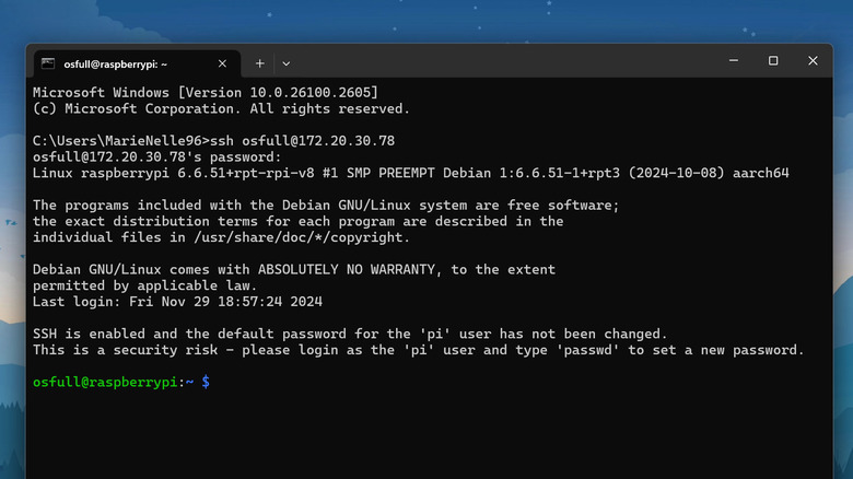 Sample Raspberry Pi SSH session from Command Prompt on Windows