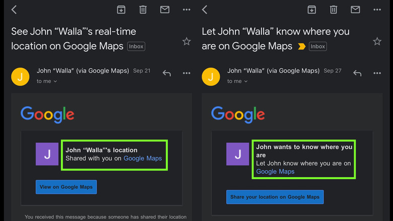 Google Maps share location emails