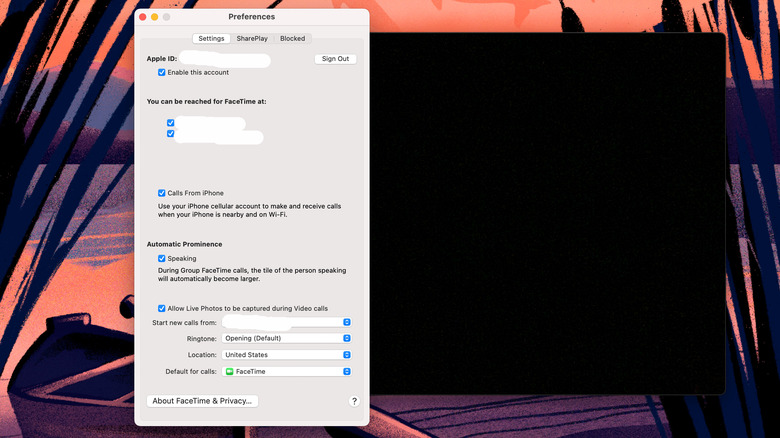 Facetime preferences screenshot
