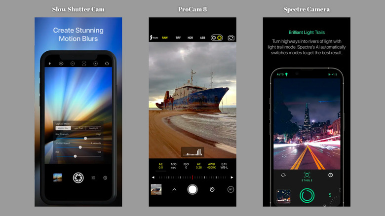 Screenshots of three third-party camera apps for iPhone