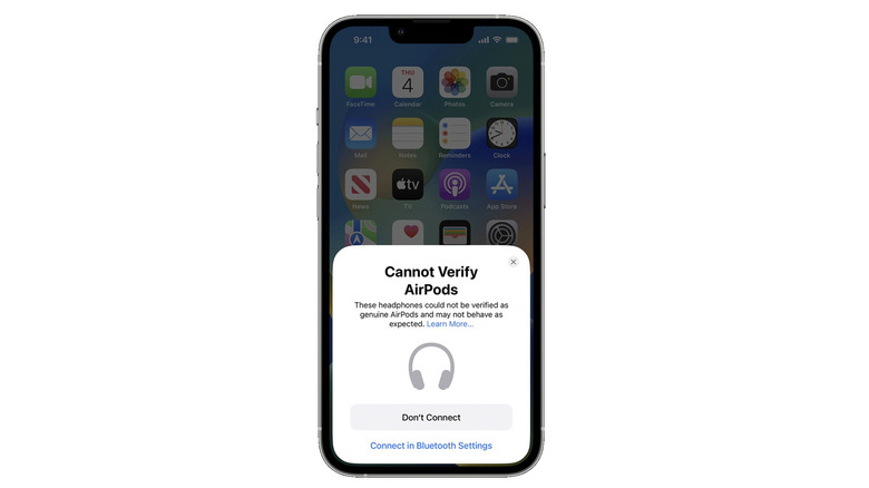 iPhone with Cannot Verify AirPods alert