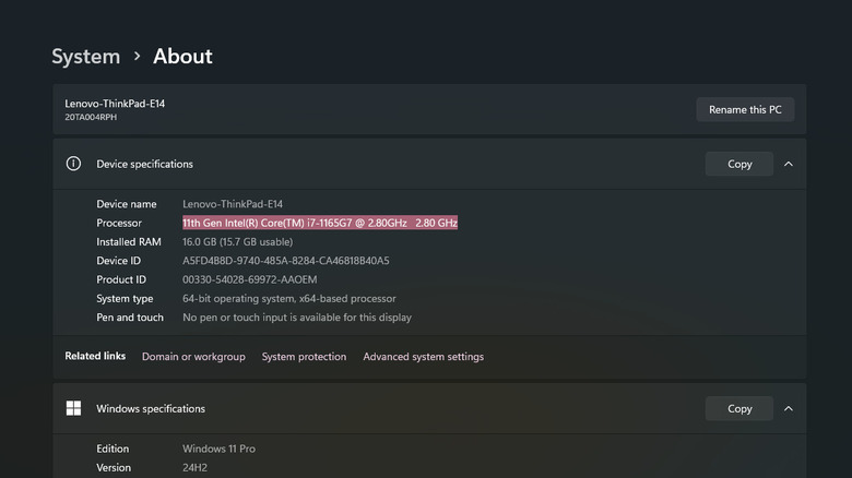 Windows System > About page showing the processor name