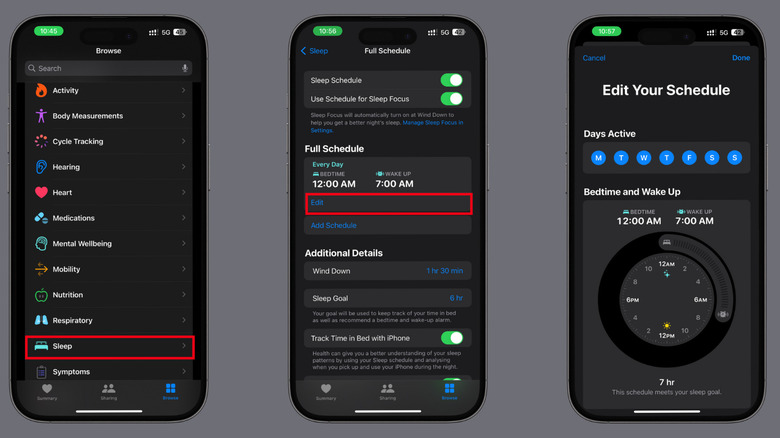 editing sleep schedule on iPhone