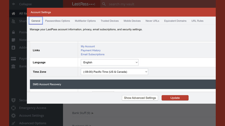 LastPass Account Settings window