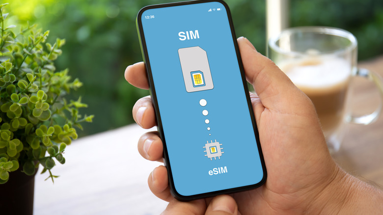 Graphic of a SIM converting to an eSIM on a smartphone