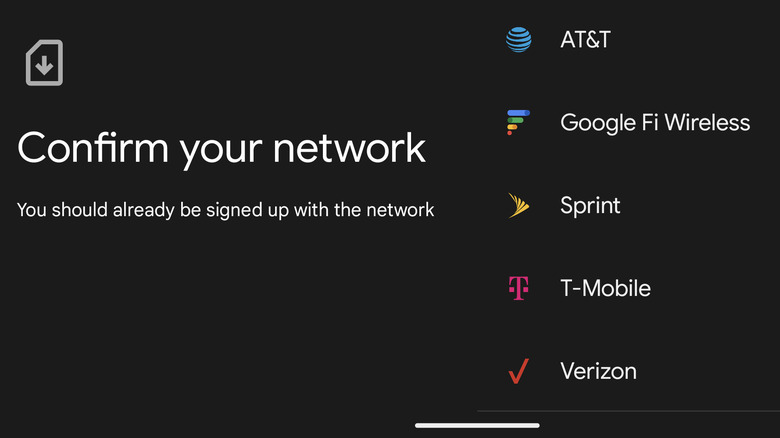 Network settings screen on Android