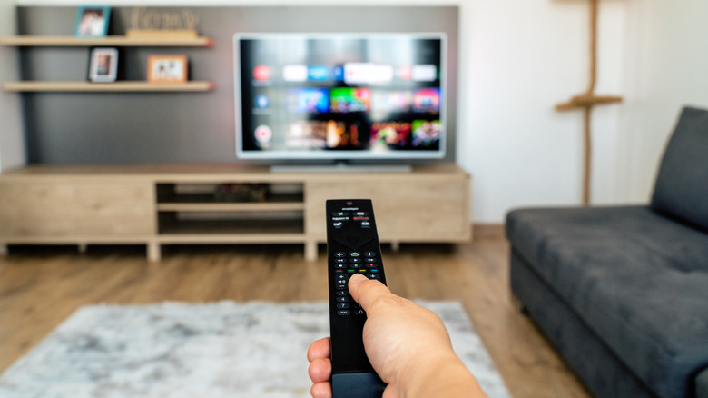 Person pointing remote at television