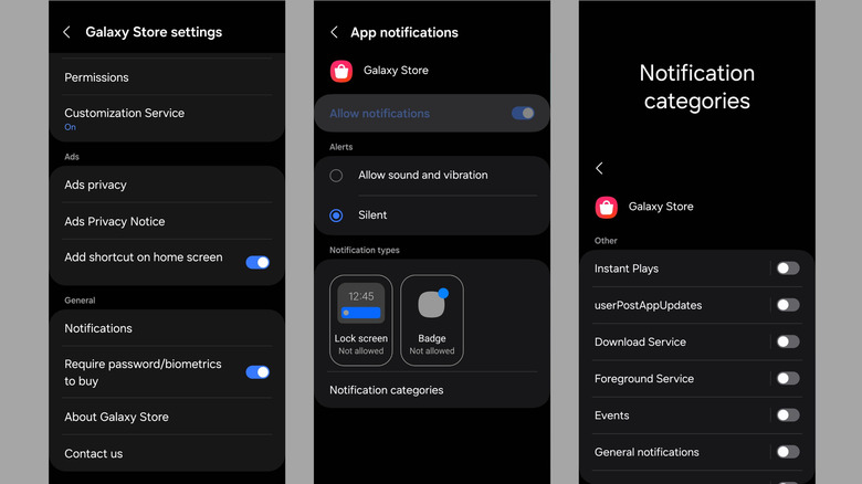 Galaxy Store notification settings on Samsung phone