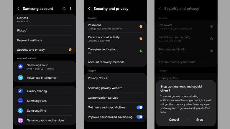 Samsung account privacy settings on Galaxy phone