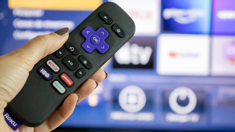 Hand holding Roku remote in front of a tv screen