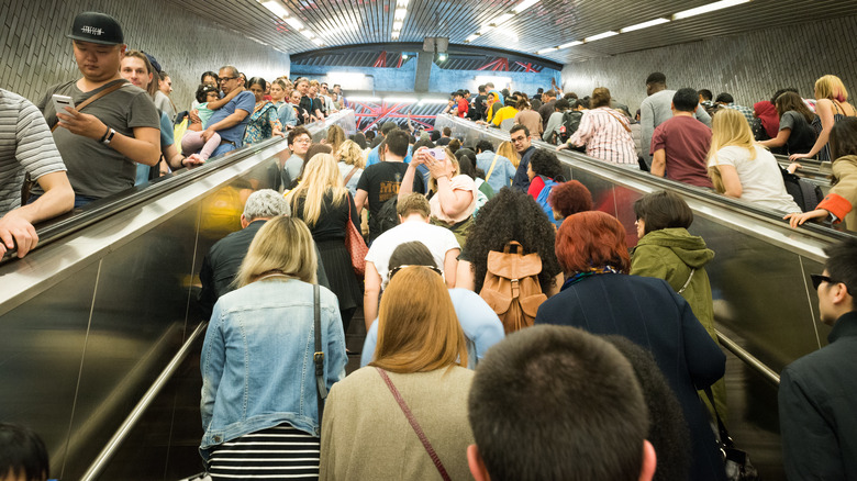 Crowded NYC subway escalator