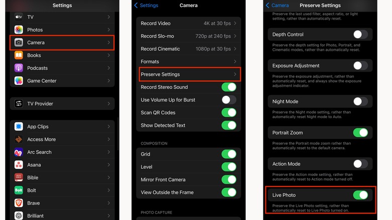 Display of iPhone Camera Settings