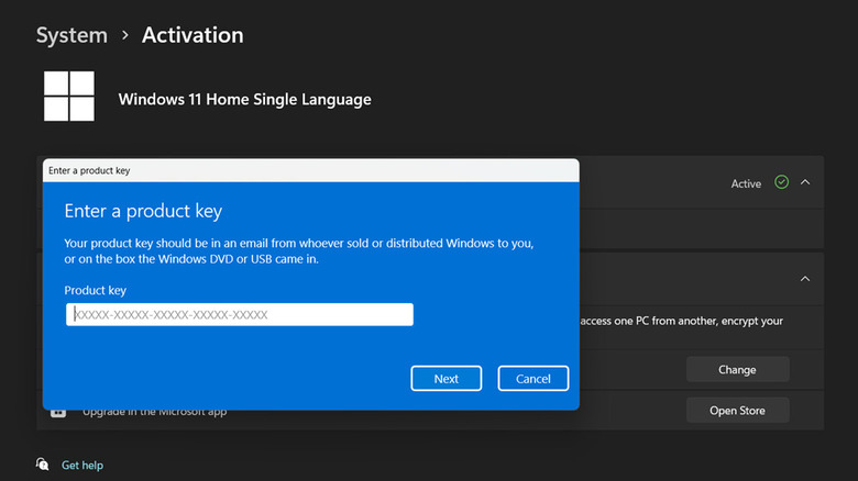 Windows 11 Activation settings with product key window