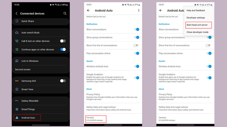 Wireless Android Auto phone menus