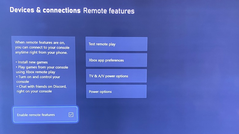 xbox menu for enabling remote features