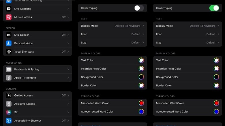 iPhone settings menu for floating typing