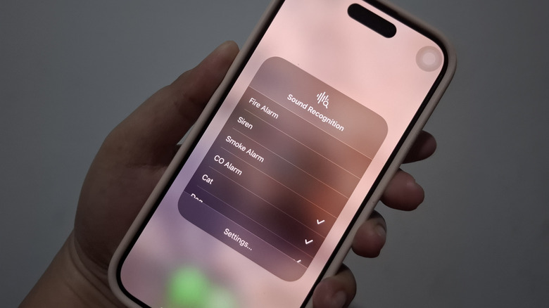 Hand holding iPhone showing Sound Recognition options