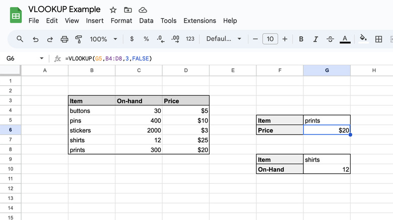 mockup spreadsheet example showing VLOOKUP being used in Google Sheets